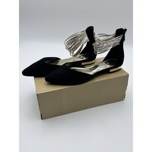 Y2K NEW GG Black & Gold Roman Ankle Strap Zip Dressy‎ Ballet Flats Women Size 6M